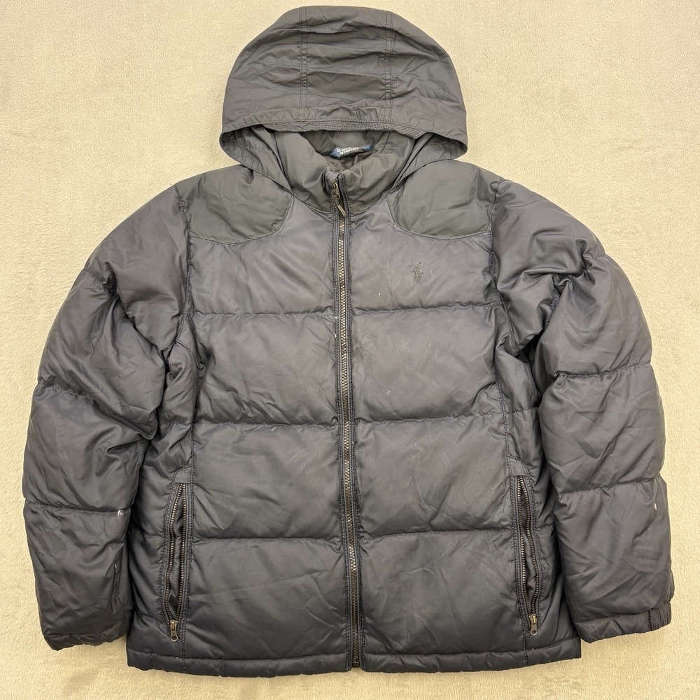 Vintage Polo Ralph Lauren Jacket Men Small Navy Puffer Down Hooded Pony Full Zip
